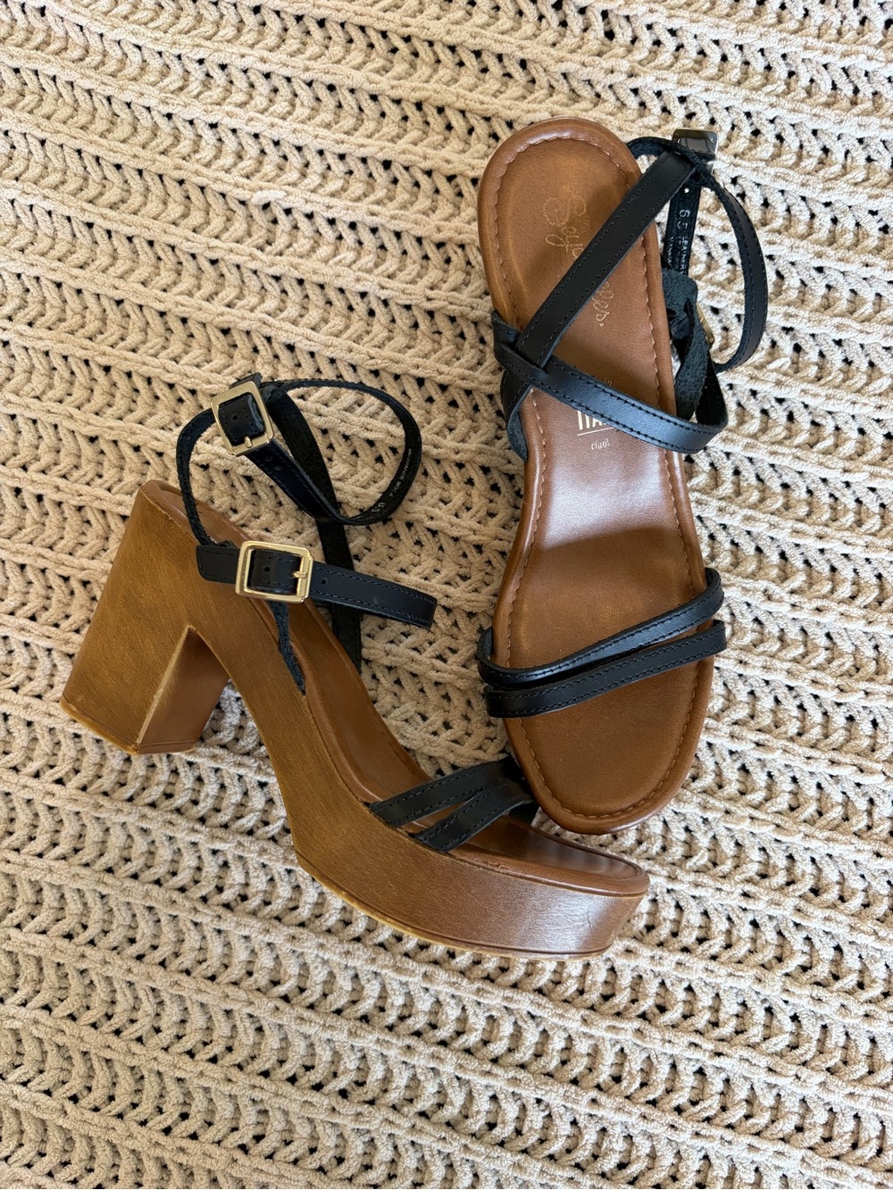 Seychelles Black Strappy Platform Sandals with Wood-Look Block Heel - Picture 2 of 8